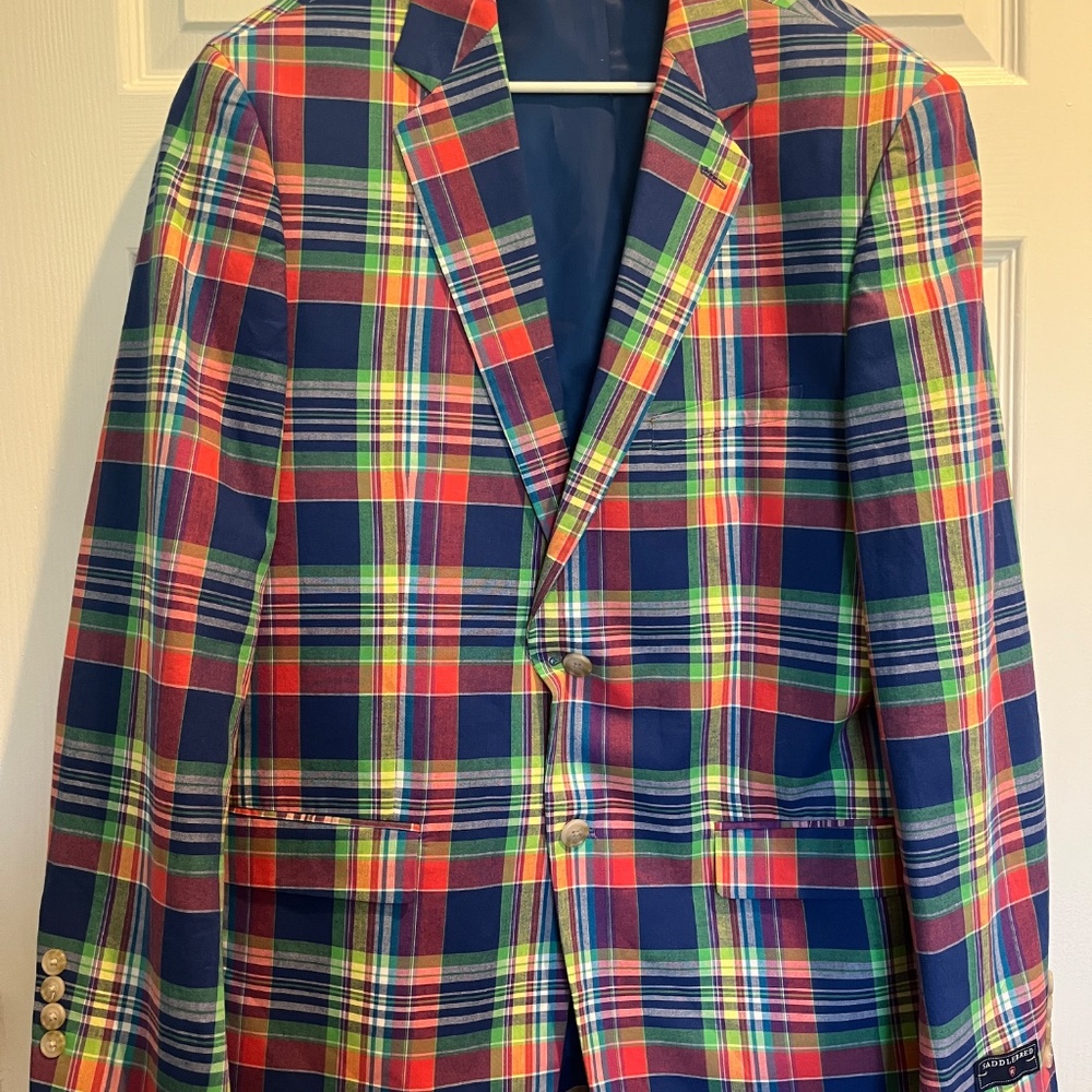 Saddlebred Madras Plaid Blazer Sport Coat 42R Pink Blue Yellow 2 Button